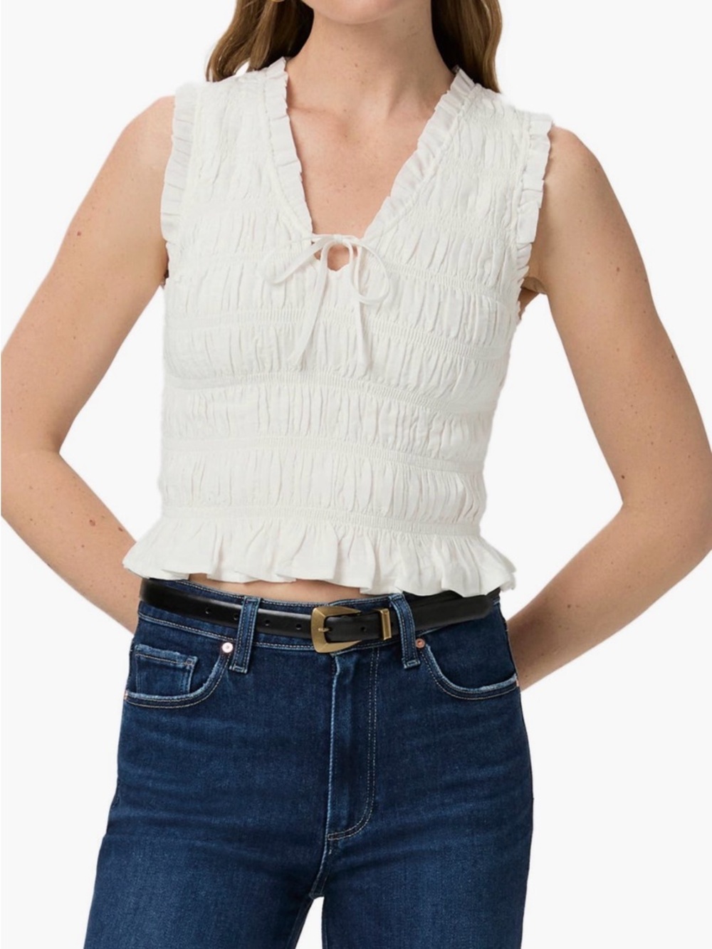 PAIGE Cream Smocked V‑Neck Ruffle Cropped Camisole